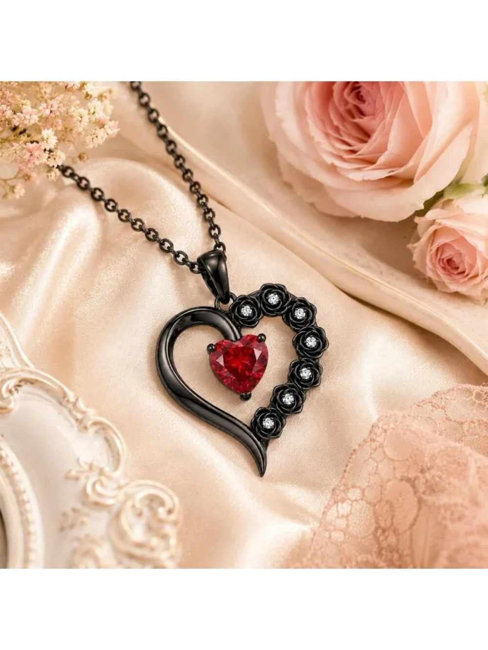 Gothic Black Rose Pendant Necklace for Women - Halloween Jewelry Gift, Floral